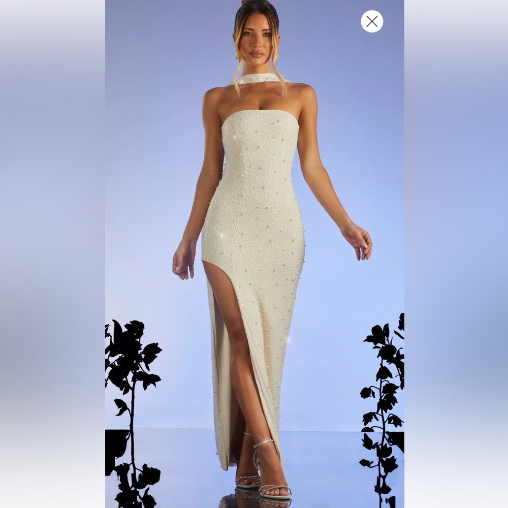 Oh Polly Belgravia Embellished Bandeau Maxi Dress in Ivory